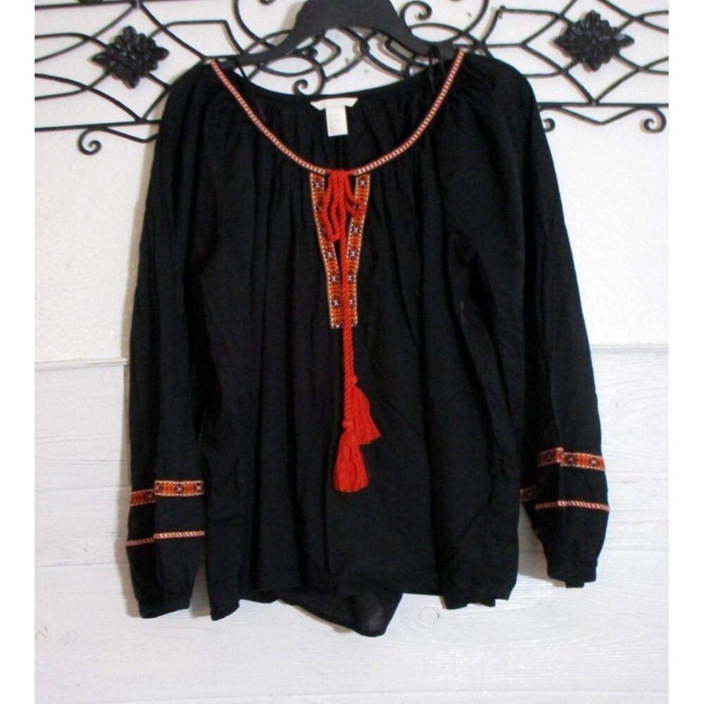 H&M Women's Boho Top Size 14 XL Long Sleeve Black Round Neck
